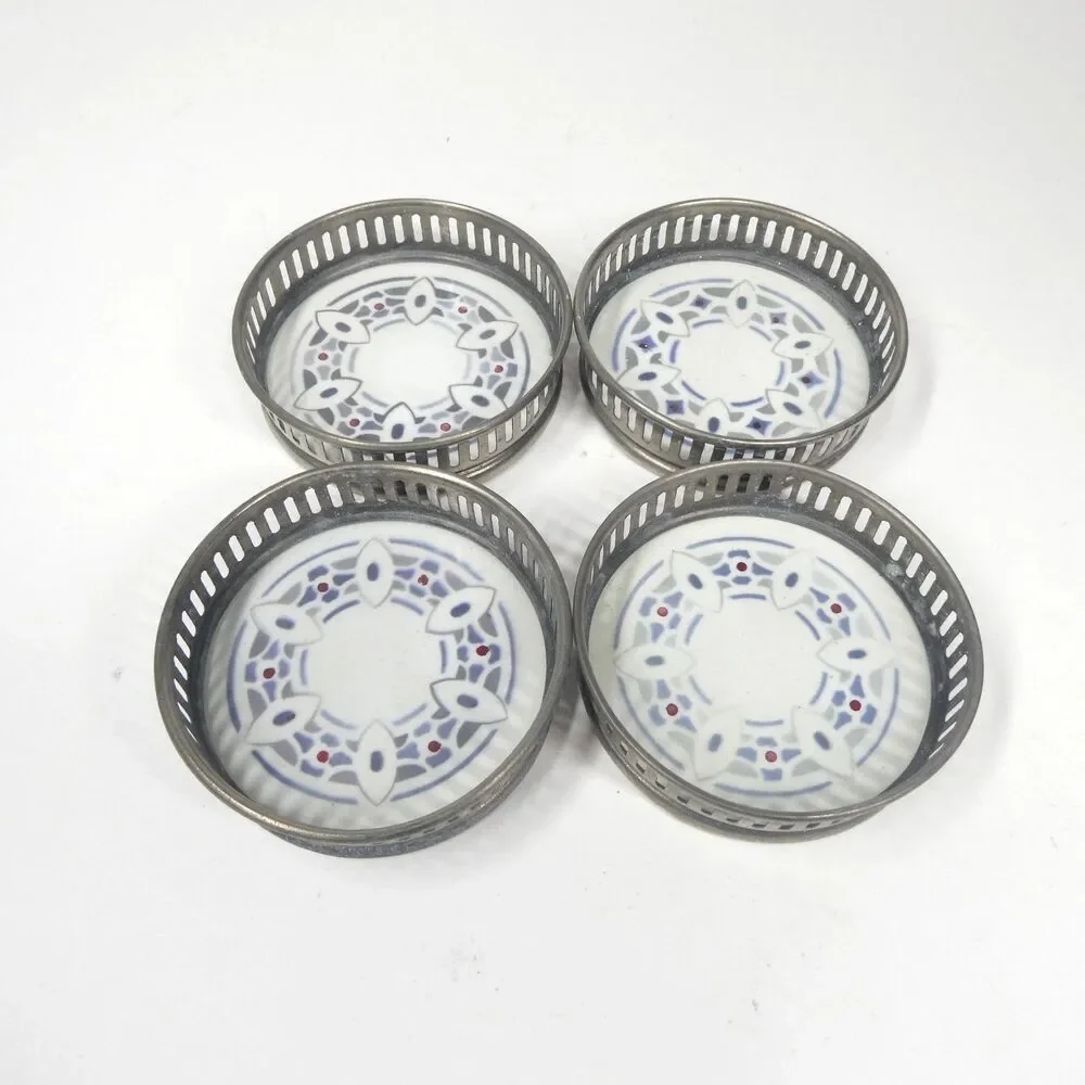 4 Coasters Set Vintage Ceramic Geometric With Pierced Metal Rim